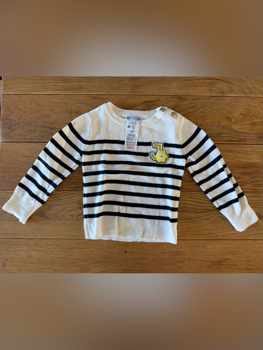 Jacadi White & Navy Striped Knit Top with Yellow Patch